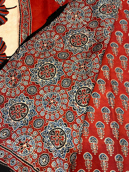 Ajrakh Modal Silk Saree - Red Buttis