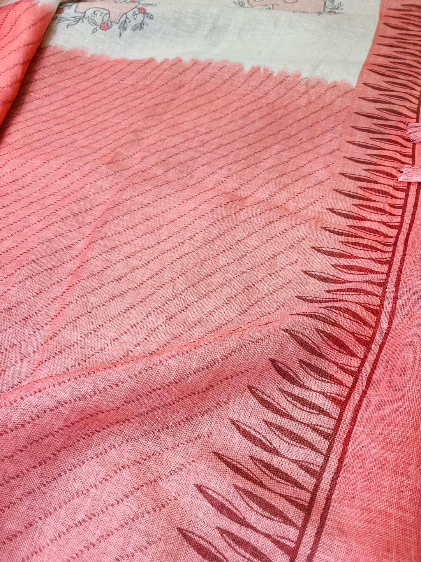 Quirky Linen Cotton Saree - Peach Elephants