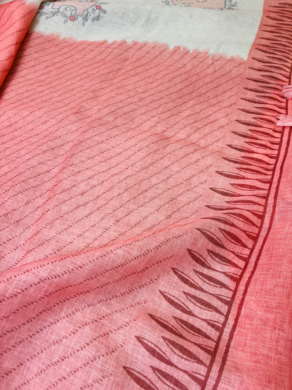 Quirky Linen Cotton Saree - Peach Elephants
