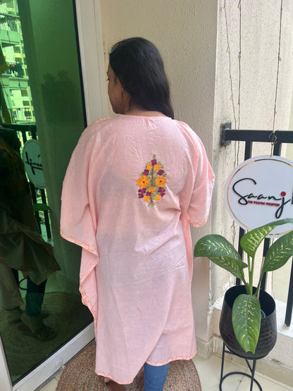 Crush Cotton Aariwork Kaftan - Baby Pink