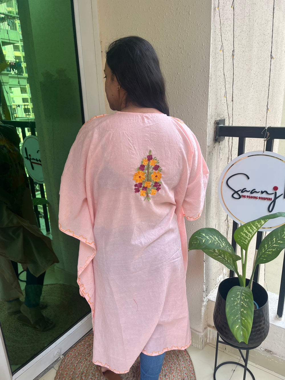 Crush Cotton Aariwork Kaftan - Baby Pink