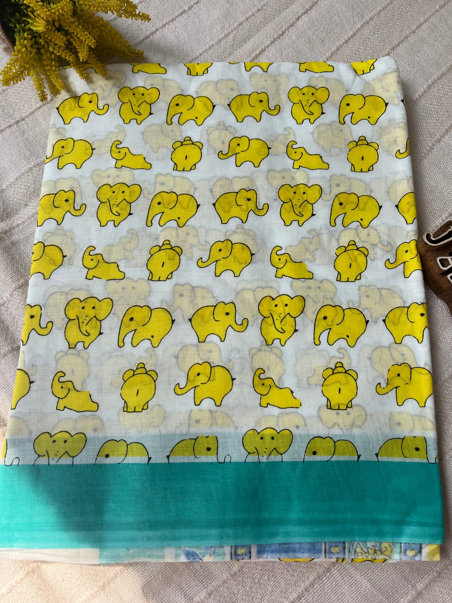 Quirky Elephant Print Saree - Yellow and Sea Green Combination