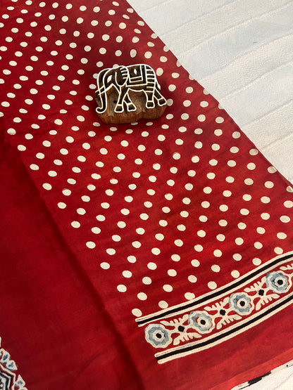 Contemporary Ajrakh Modal Silk Saree - Black Stripes with Red Palla