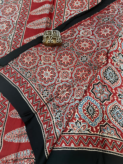 Ajrakh Modal Silk Saree -Red Badam Block