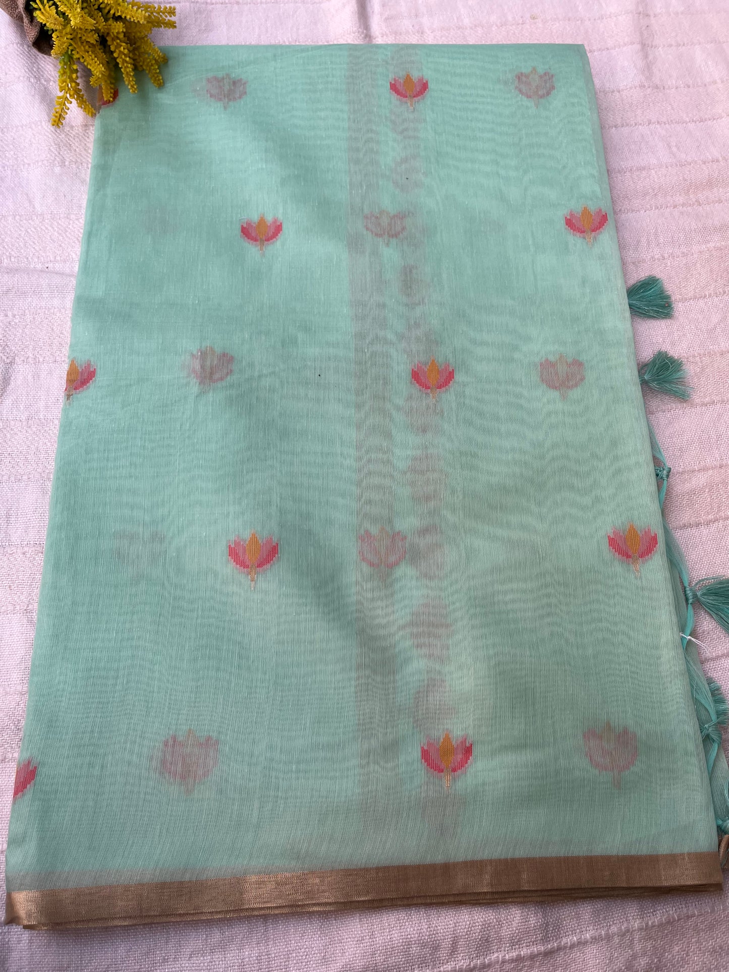 Chanderi Cotton Jamdani Saree - Pastel Sea-Green Lotus Motifs