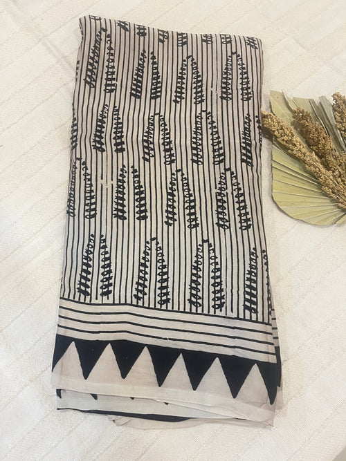 Contemporary Ajrakh Modal Silk Saree - Pearl White with Big Blue Dot Palla