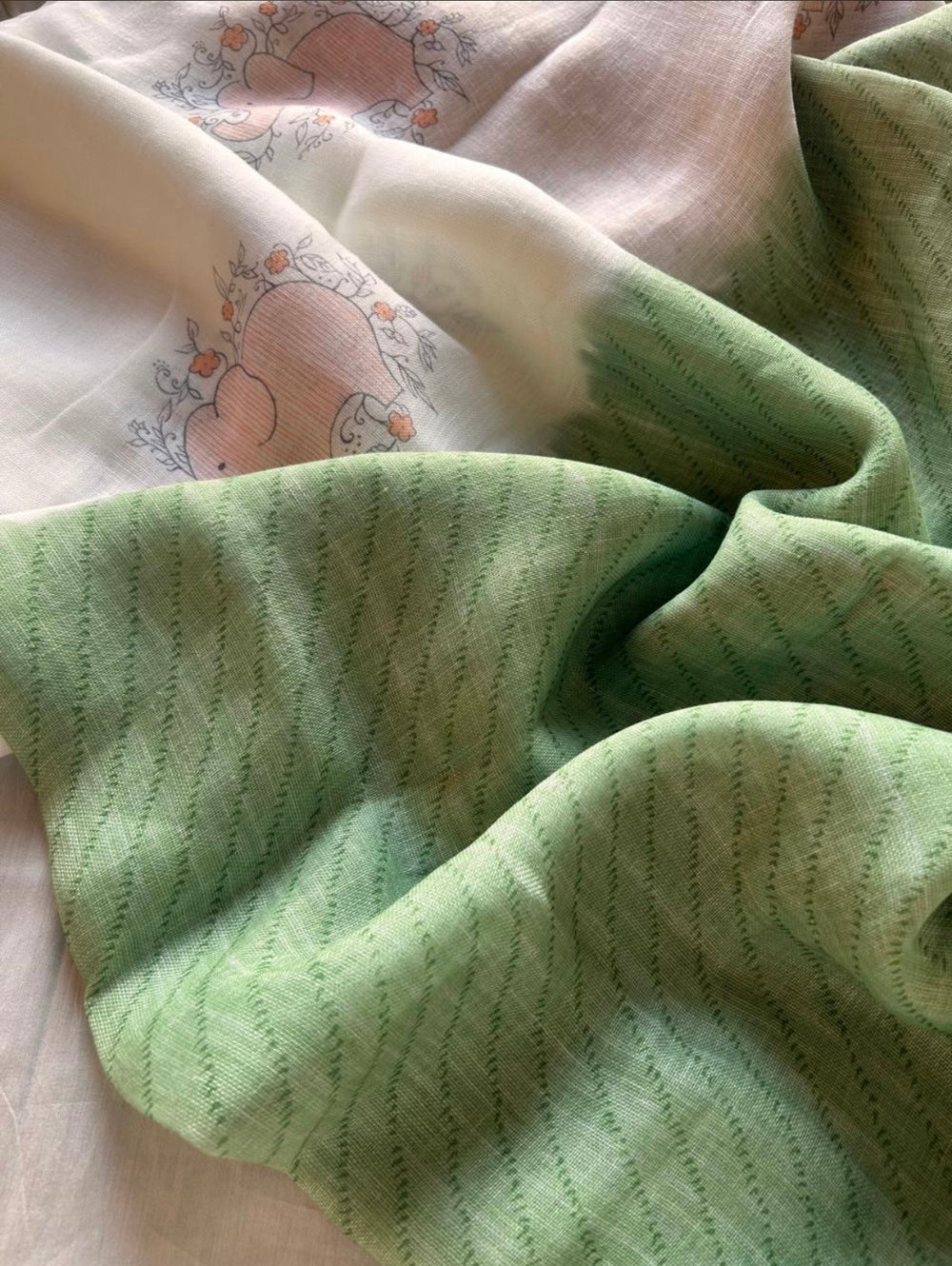 Quirky Linen Cotton Saree - Green Elephants