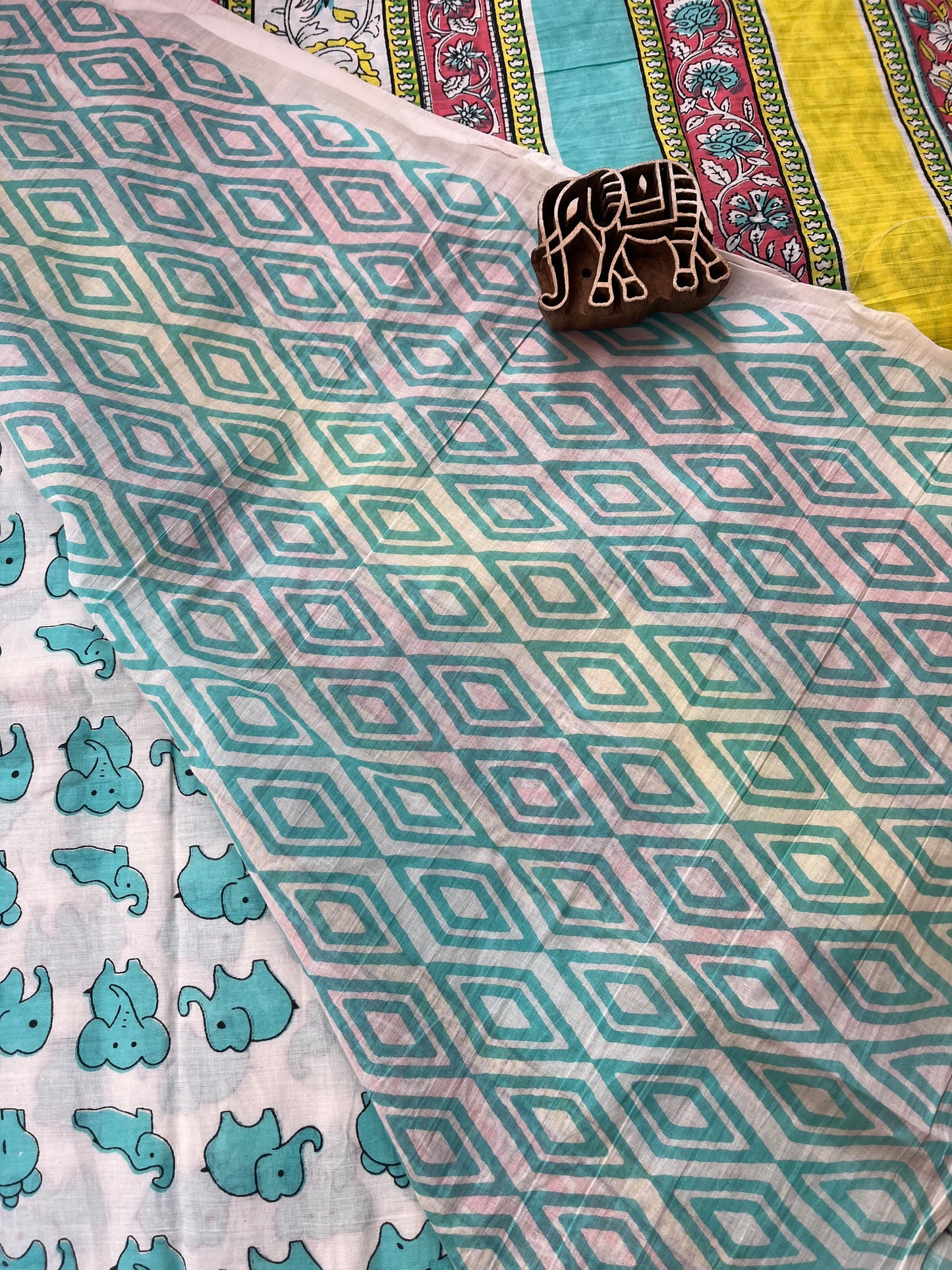 Quirky Elephant Print Saree - Aqua and Coral