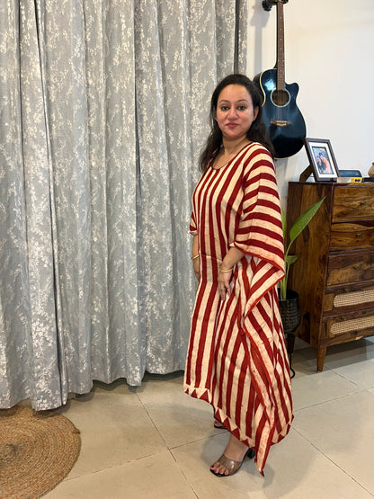 Ajrakh Modal Silk Kaftan - Red Stripes