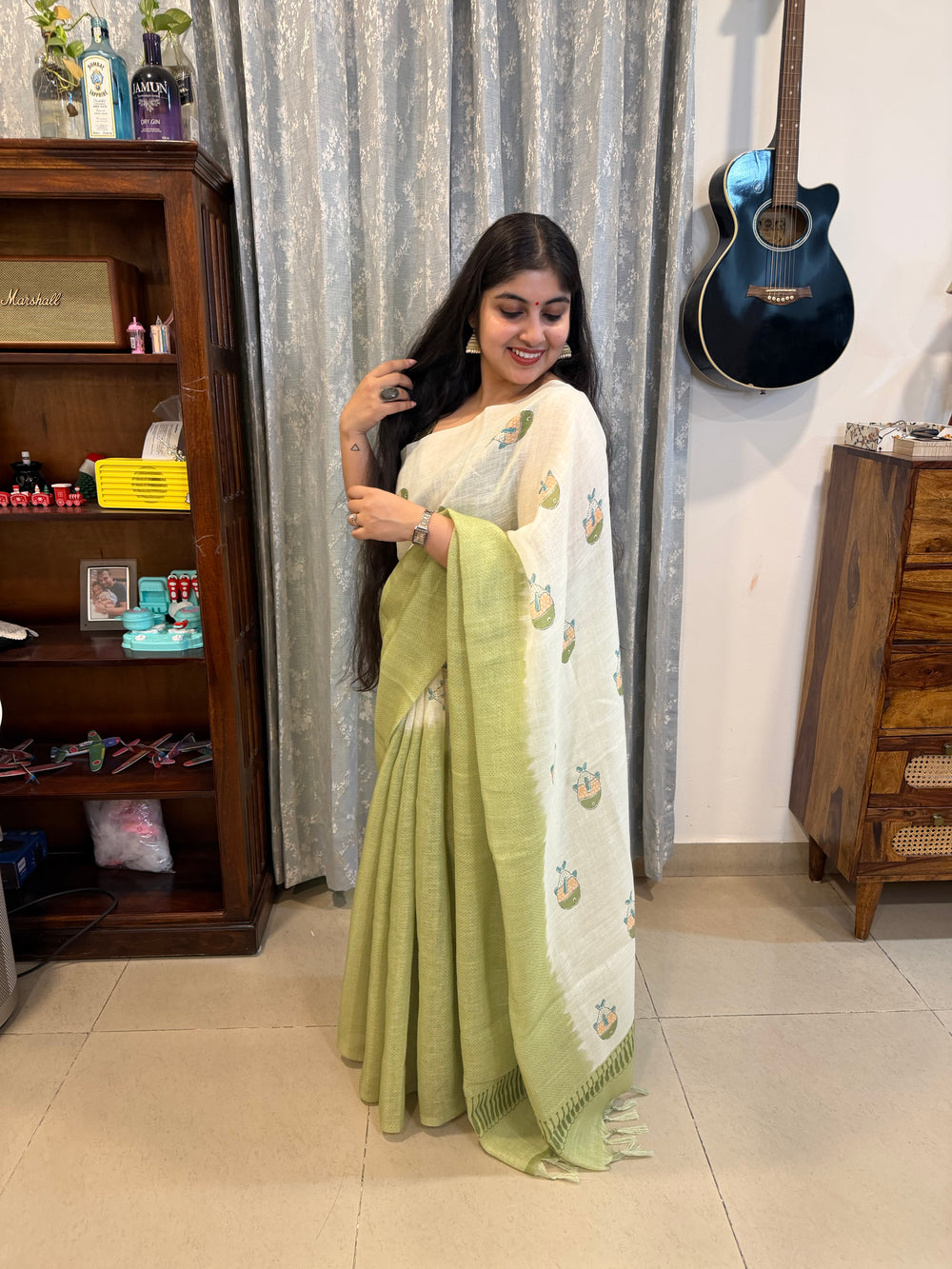 Quirky Linen Cotton Saree - Mehendi Green Fishes