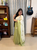 Quirky Linen Cotton Saree - Mehendi Green Fishes