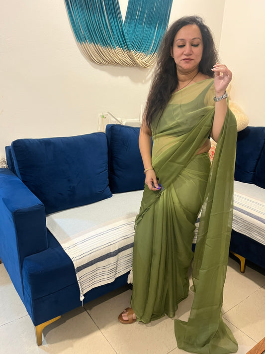 Pure Plain Ombre Chiffon Saree - Mehendi Green