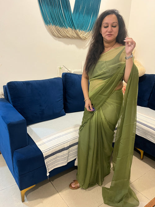 Pure Plain Ombre Chiffon Saree - Mehendi Green