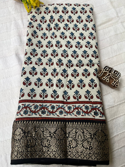 Ajrakh Dola Silk Saree - Pearl White Buttis (with tassels)