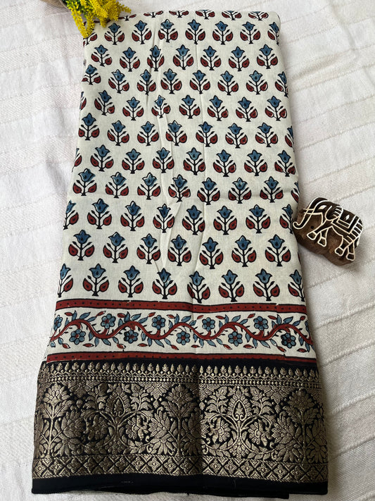 Ajrakh Dola Silk Saree - Pearl White Buttis (with tassels)
