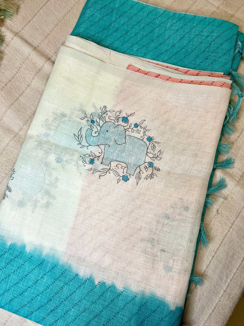 Quirky Linen Cotton Saree - Aqua Elephants