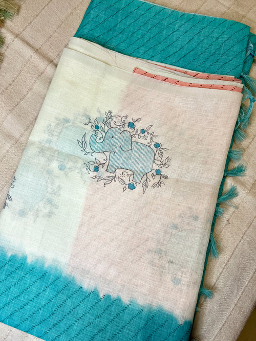 Quirky Linen Cotton Saree - Aqua Elephants