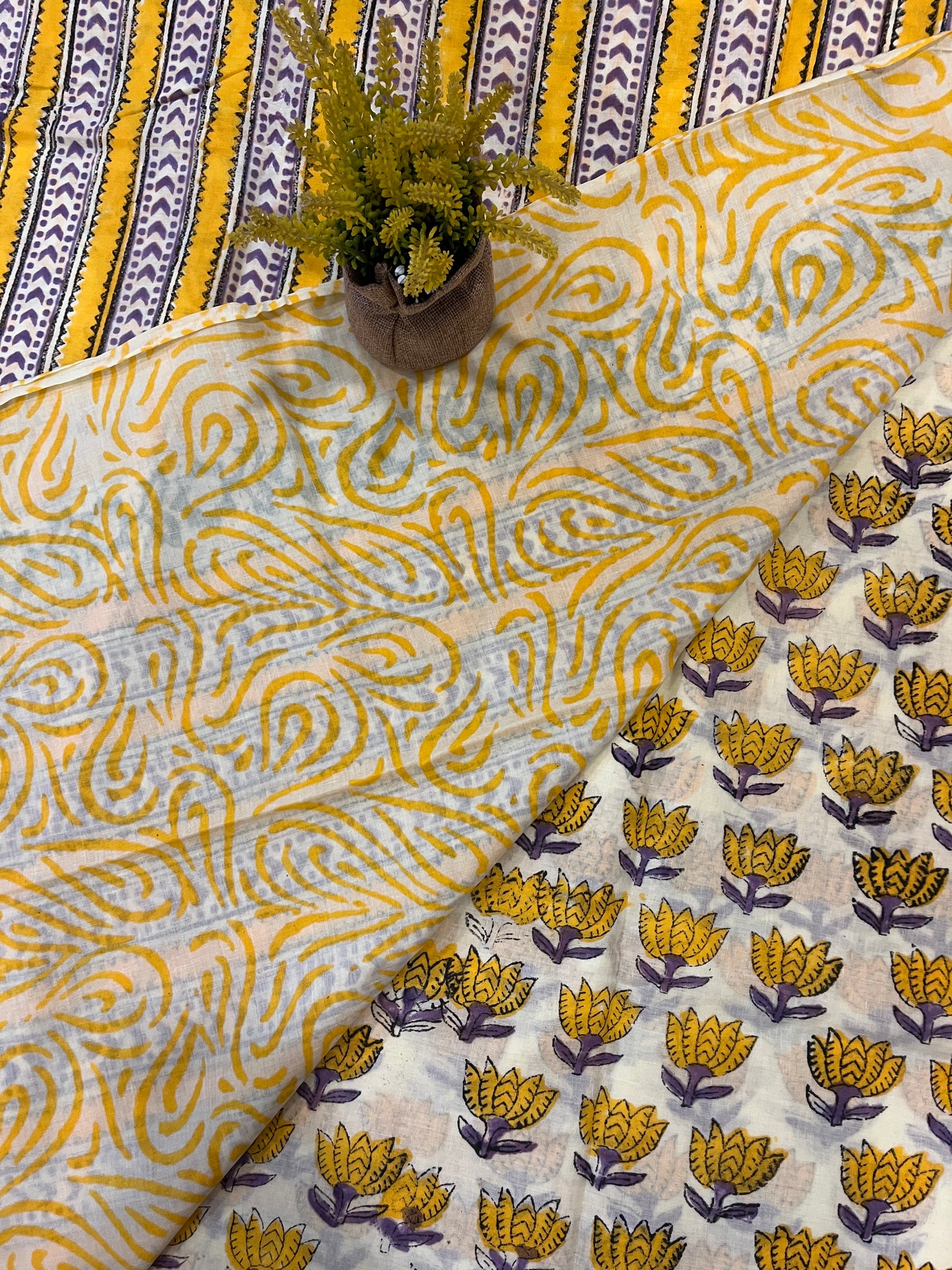 Lotus Handblock Mul Cotton Saree - Yellow