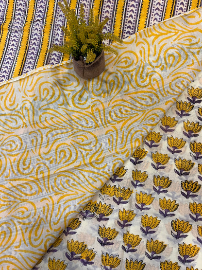 Lotus Handblock Mul Cotton Saree - Yellow