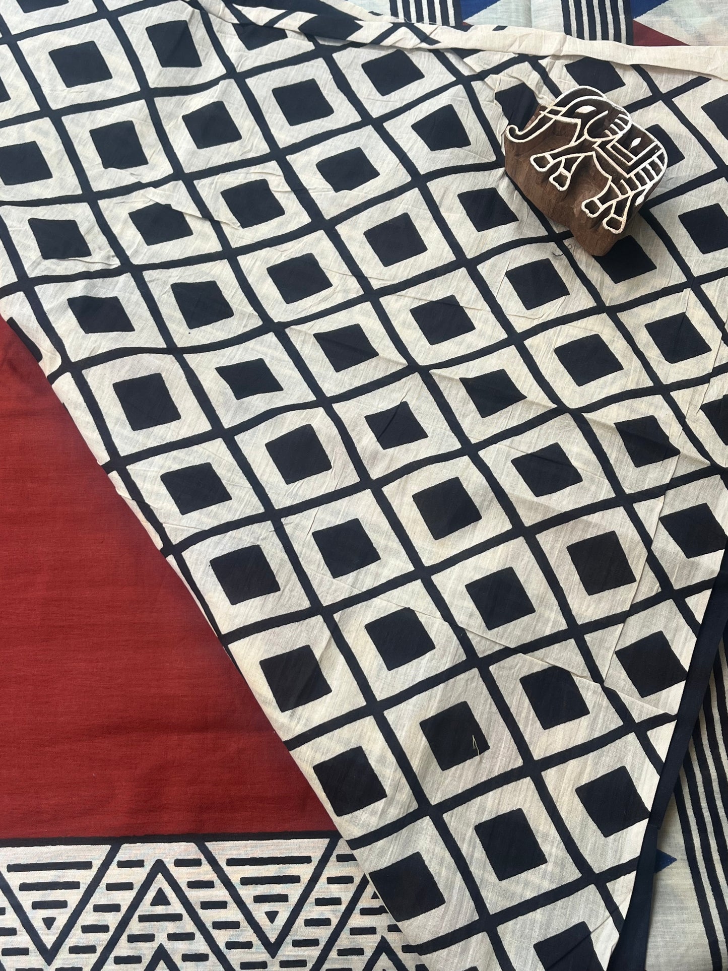 Contemporary Ajrakh Mul Cotton Saree - Brick Red