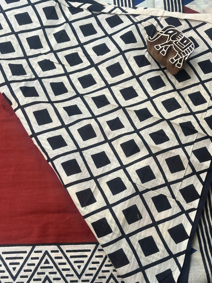 Contemporary Ajrakh Mul Cotton Saree - Brick Red
