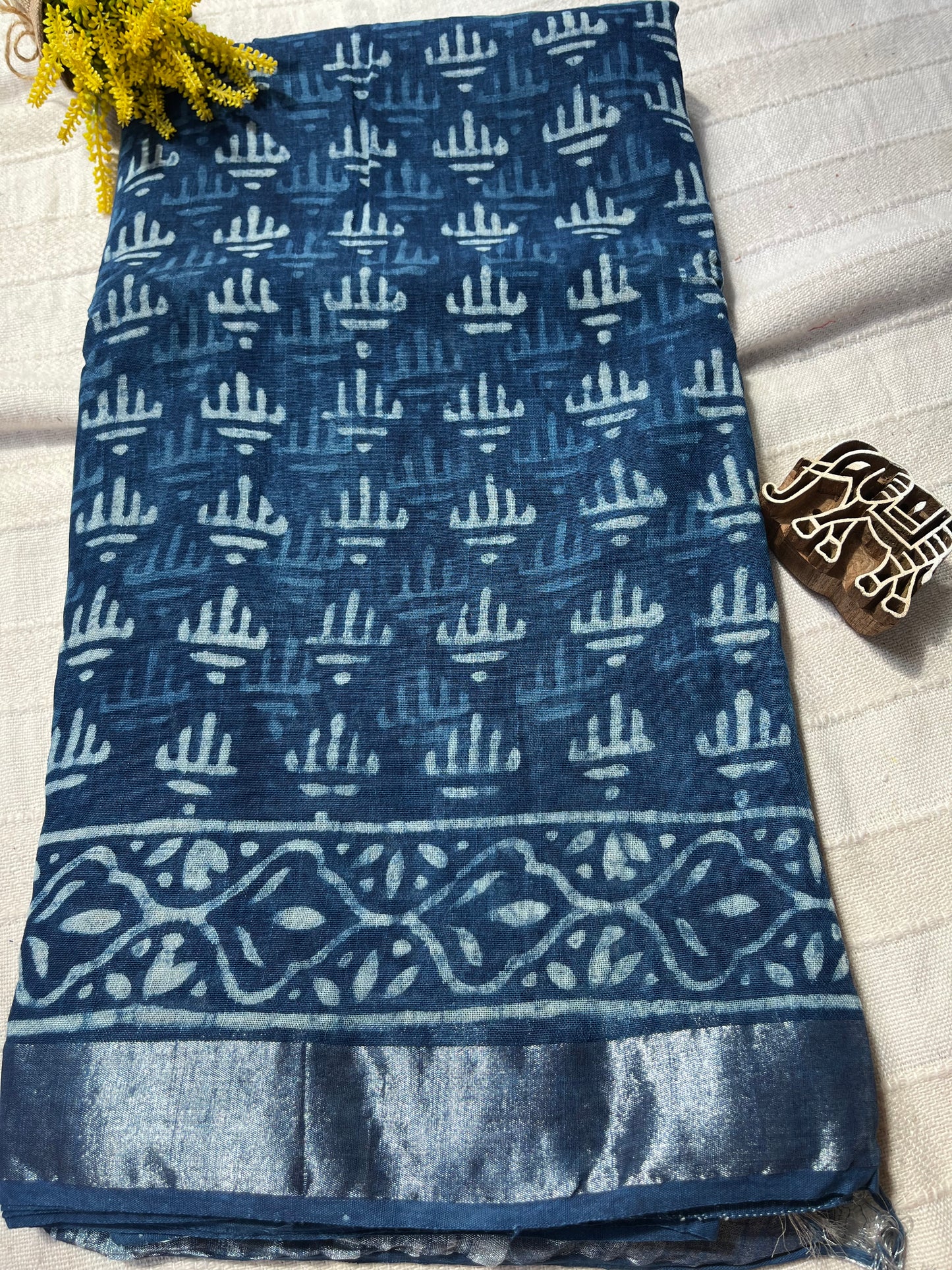 Indigo Handblock Linen Cotton Saree