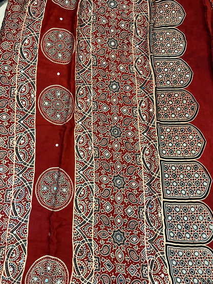 Ajrakh Modal Silk Saree with Mirror Work - Red Badam Block