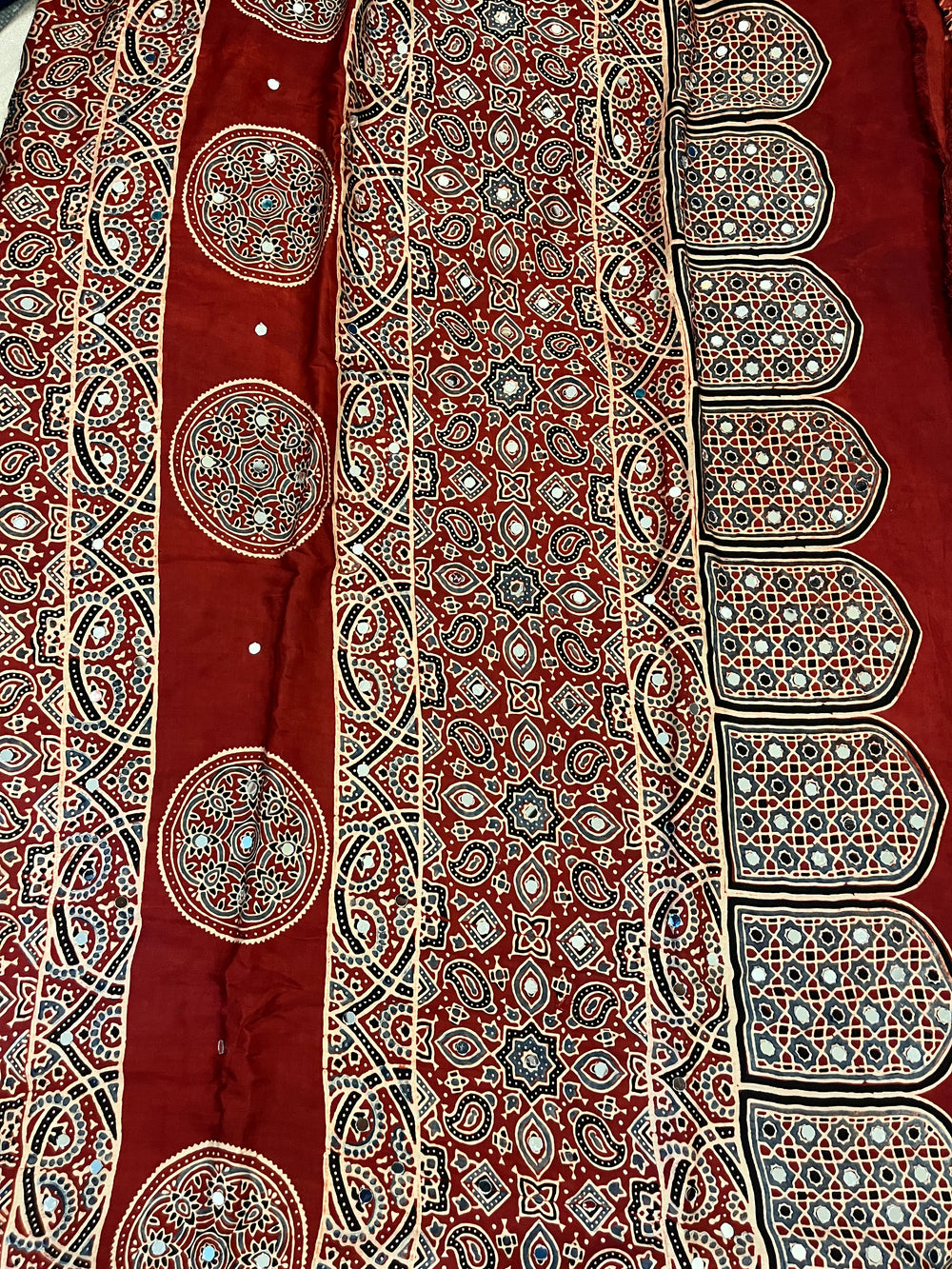 Ajrakh Modal Silk Saree with Mirror Work - Red Badam Block