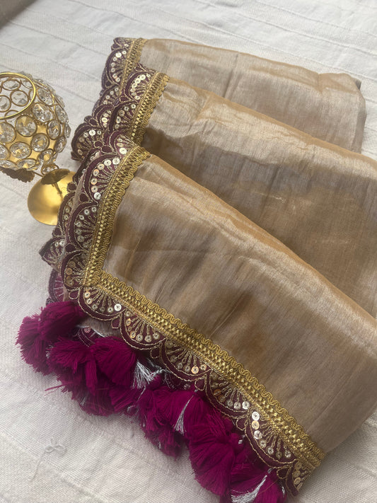 Raga Tissue Saree with Lace and Tassels - Gold & Purple