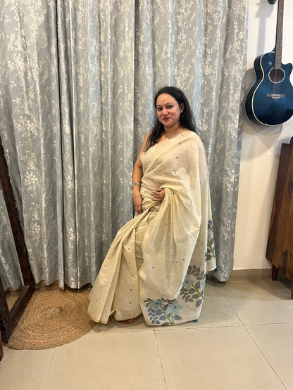 Chanderi Cotton Jamdani Saree - Ivory-Sky Blue Flower Weaving