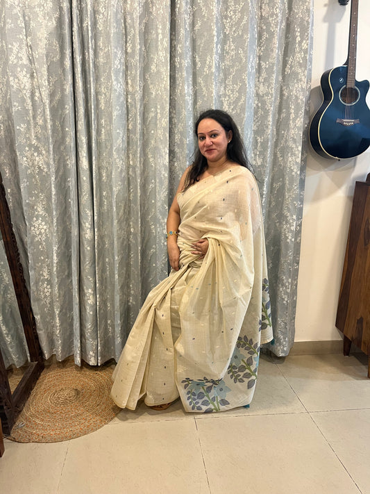 Chanderi Cotton Jamdani Saree - Ivory-Sky Blue Flower Weaving