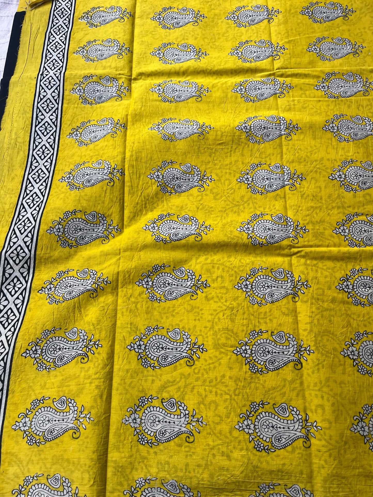 Handblock Mul Cotton Saree - Black & Yellow