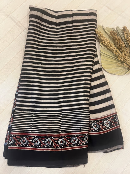 Contemporary Ajrakh Modal Silk Saree - Black Stripes