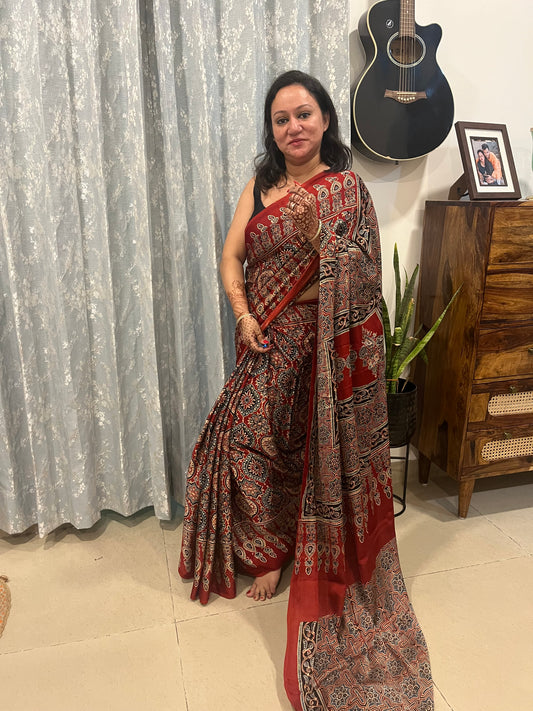 Ajrakh Modal Silk Saree - Red Badam Block