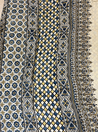 Ajrakh Modal Silk Saree - Off-White Flower Motifs