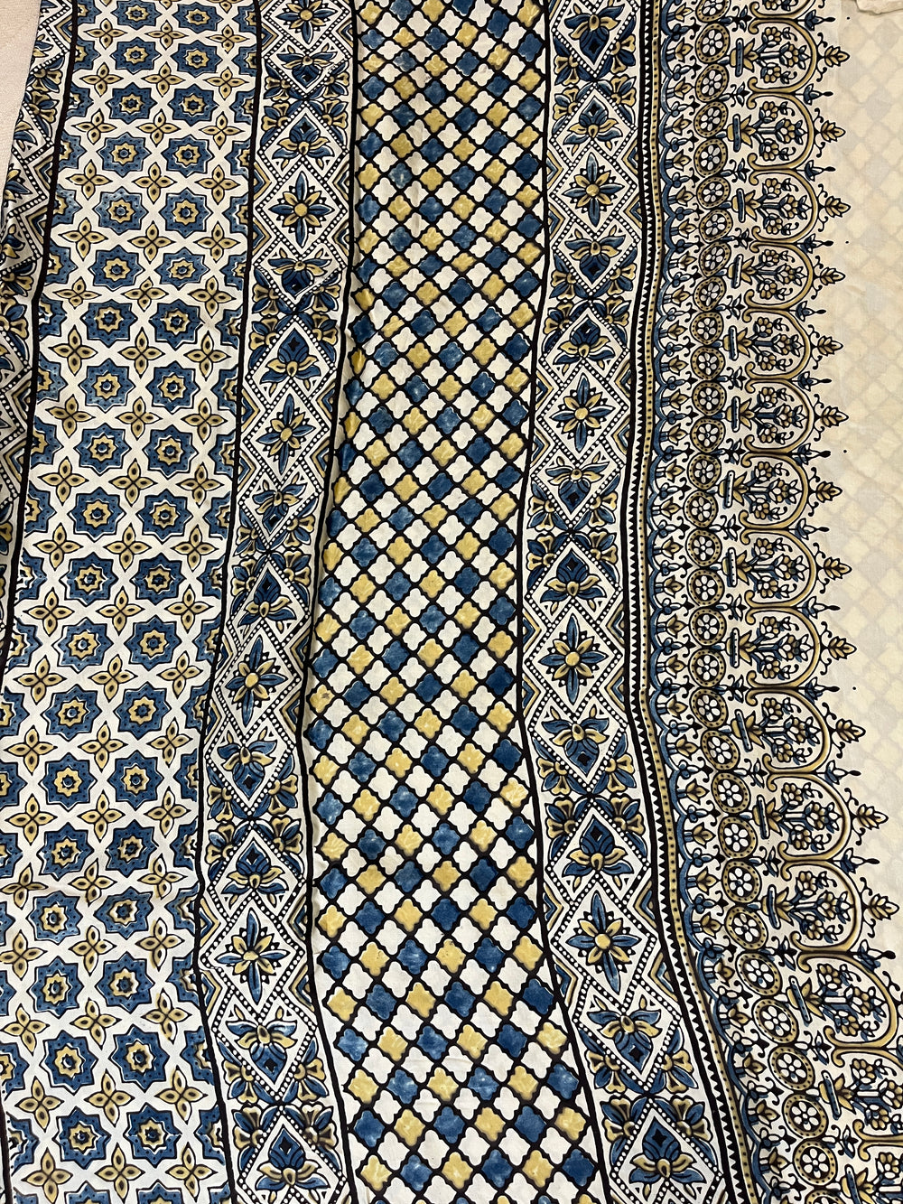 Ajrakh Modal Silk Saree - Off-White Flower Motifs