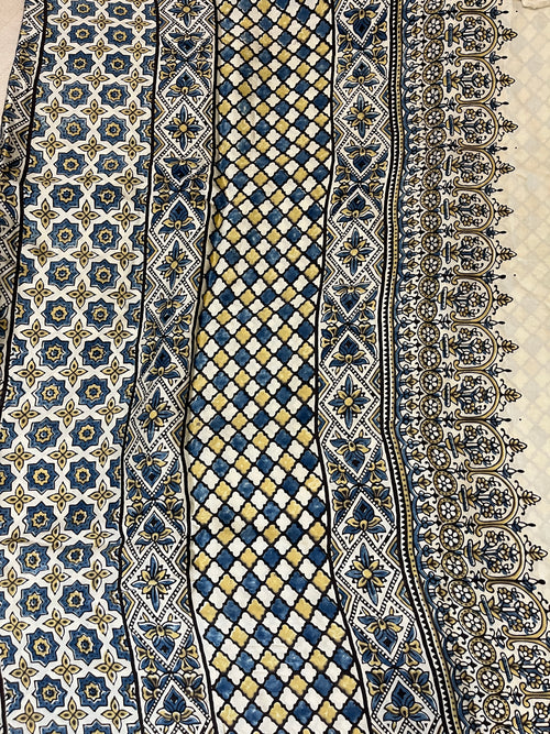 Ajrakh Modal Silk Saree - Off-White Flower Motifs