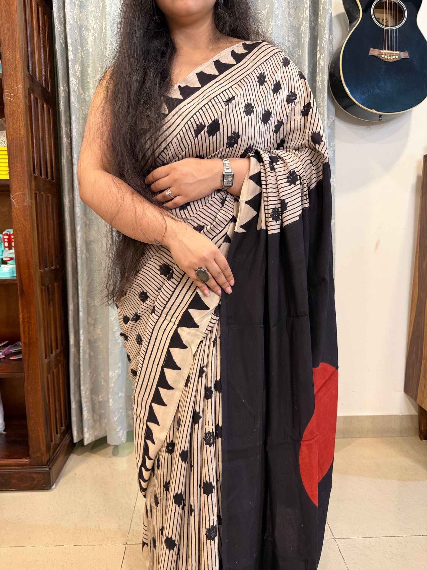 Contemporary Ajrakh Modal Silk Saree - Pearl White with Red Dot Palla