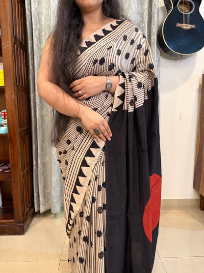 Contemporary Ajrakh Modal Silk Saree - Pearl White with Red Dot Palla