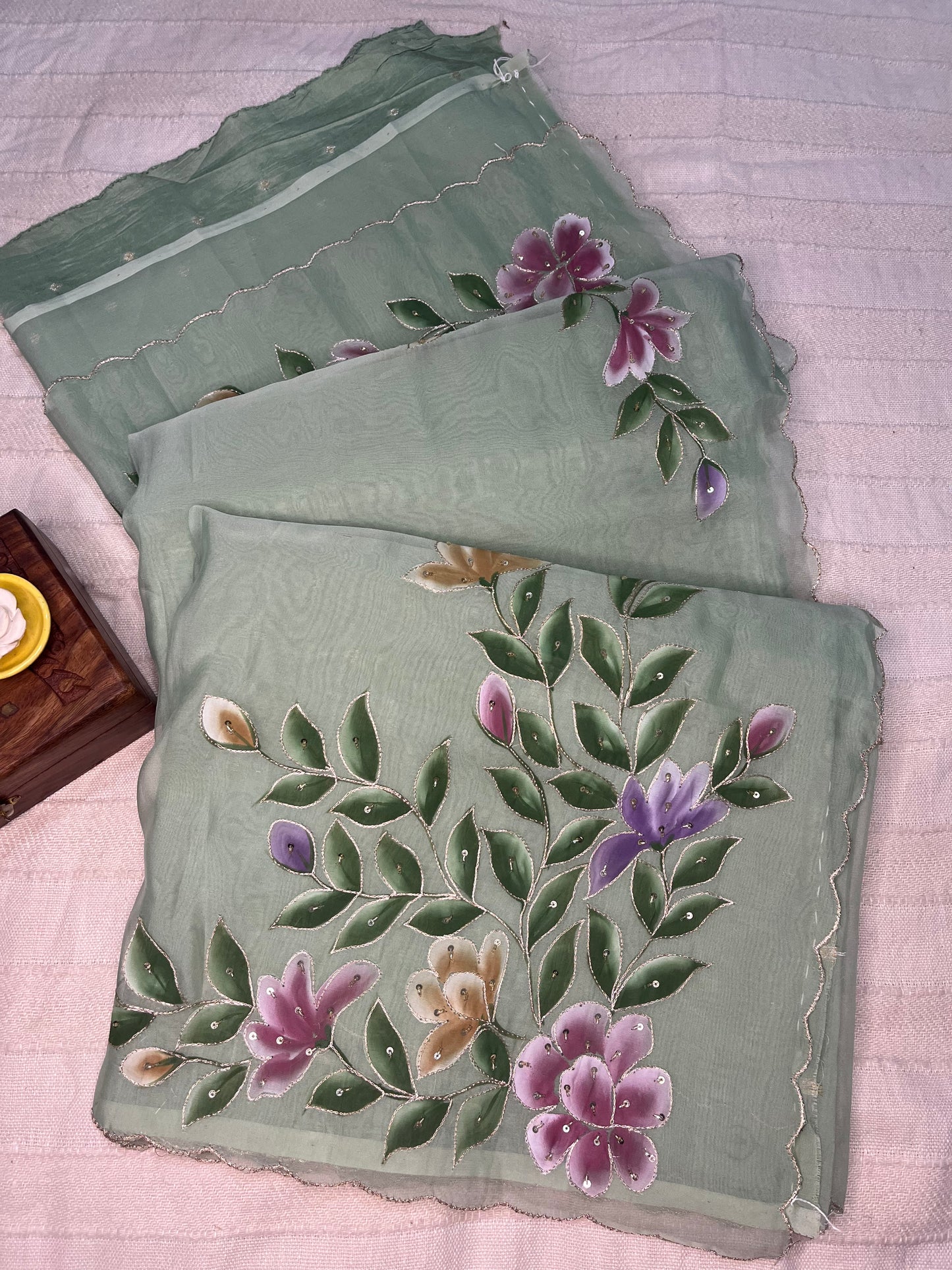 Crepe Organza Handpainted Saree with Embroidery- Rama Green