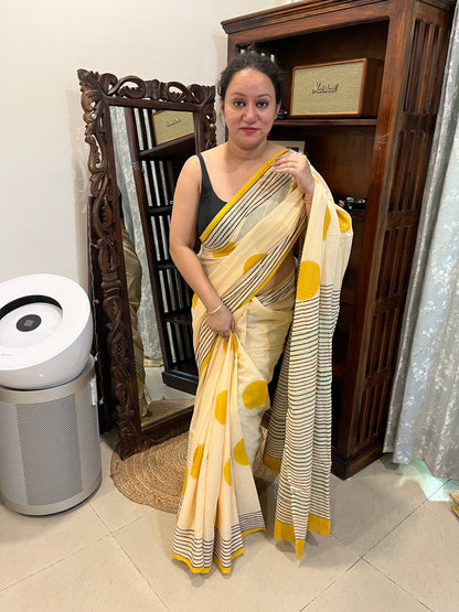 ‘Bindi Tales’ Handblock Mul Cotton Saree - Yellow on Off-white