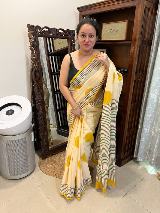 ‘Bindi Tales’ Handblock Mul Cotton Saree - Yellow on Off-white