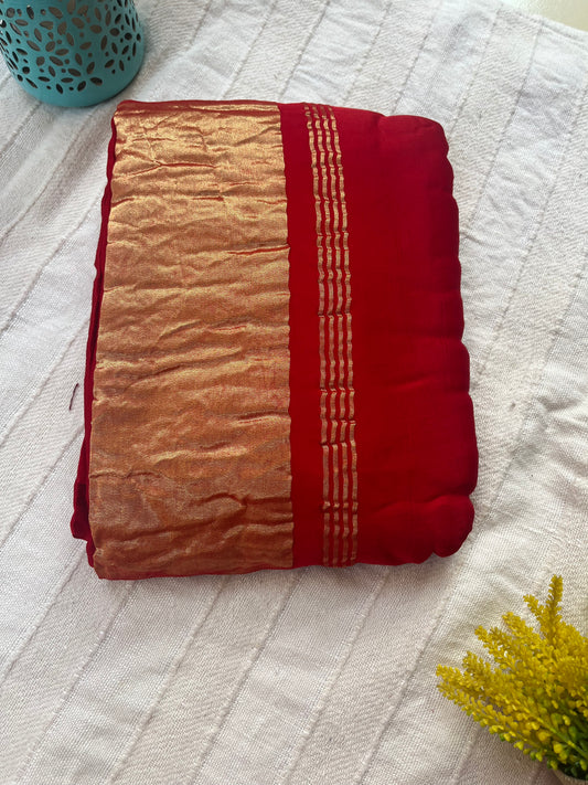 Blood Red Plain Modal Silk Saree with Tissue Palla and Tassels