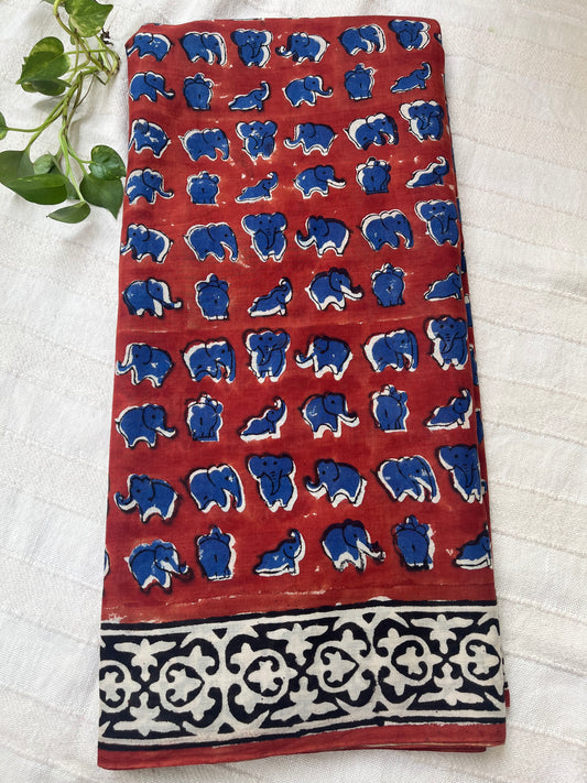 Quirky Elephant Handblock Mul Cotton Saree - Red-Blue