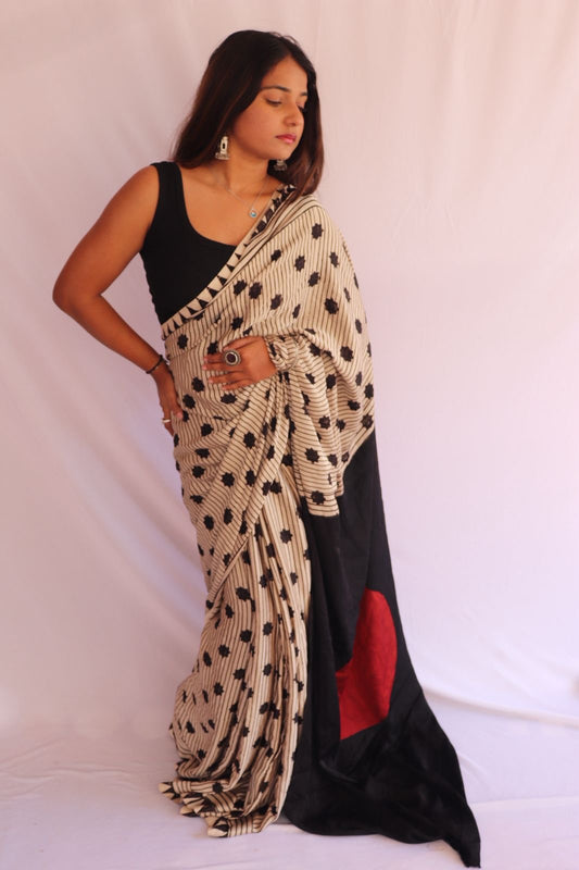 Contemporary Ajrakh Modal Silk Saree - Pearl White with Red Dot Palla