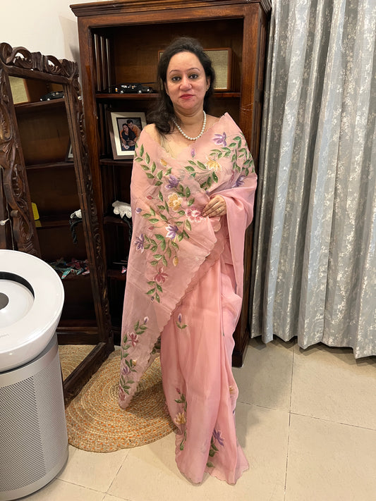 Crepe Organza Handpainted Saree with Embroidery- Baby Pink