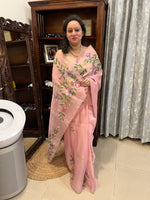 Crepe Organza Handpainted Saree with Embroidery- Baby Pink