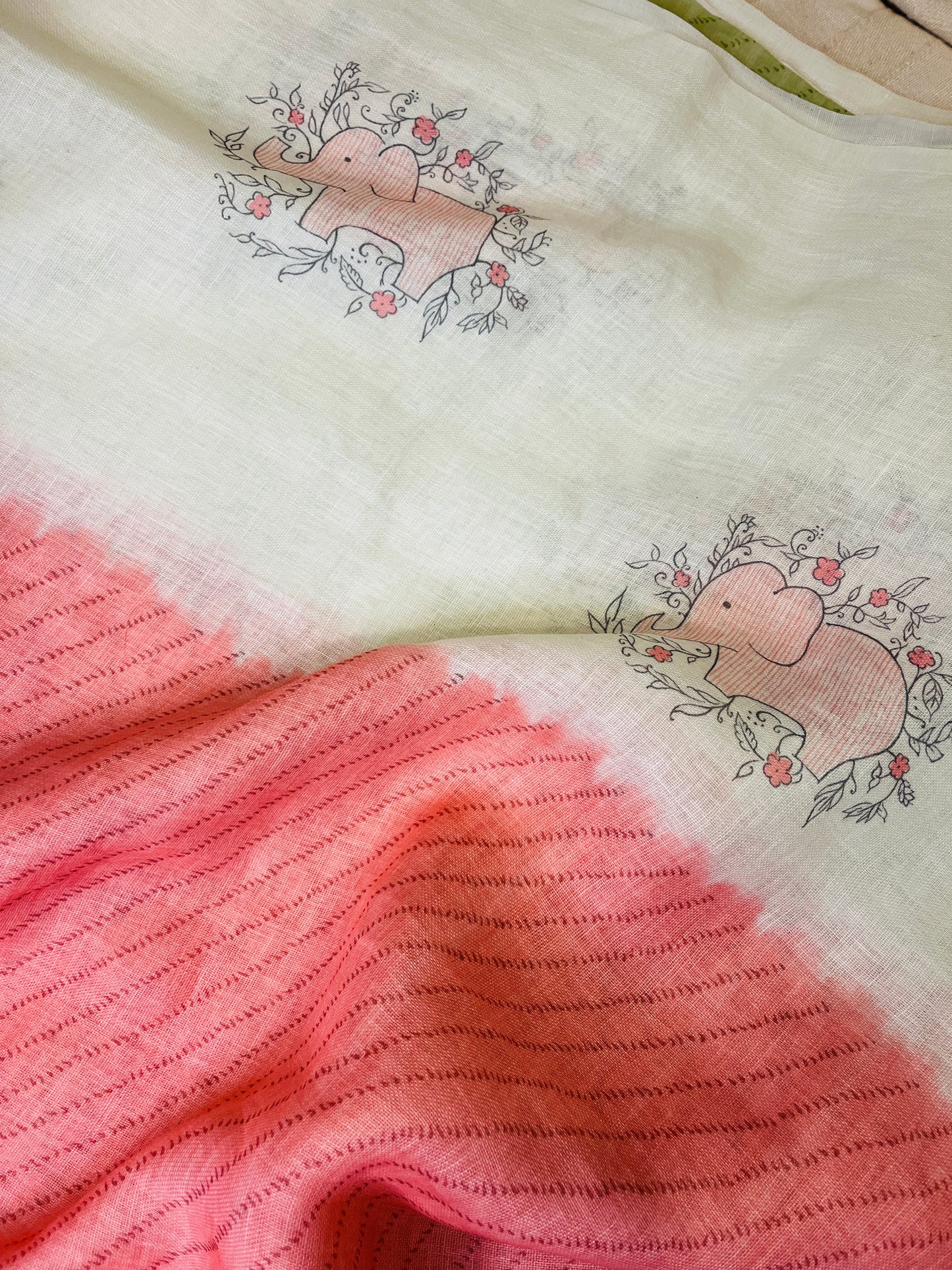 Quirky Linen Cotton Saree - Peach Elephants