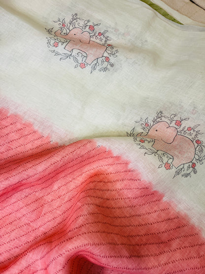 Quirky Linen Cotton Saree - Peach Elephants