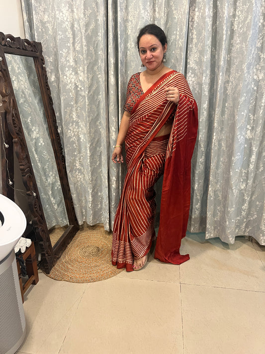 Contemporary Ajrakh Modal Silk Saree -Red Stripes